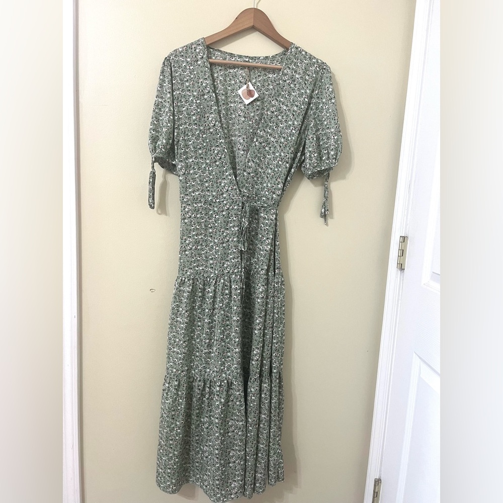 Green Floral Boutique Midi Wrap Dress